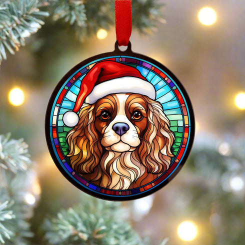 Cavalier King Charles Spaniel in Santa Hat Suncatcher Decoration